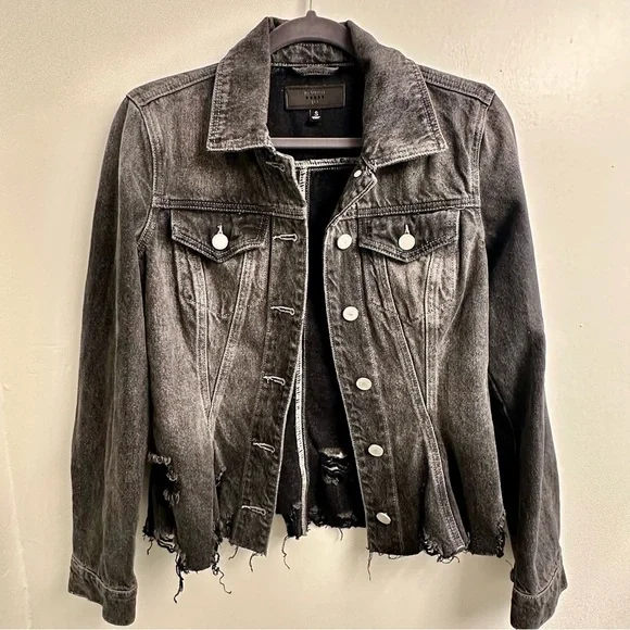 Blank NYC Thrill Seeker Peplum Distressed Black Charcoal Denim Jacket Sz S - Picture 8 of 13